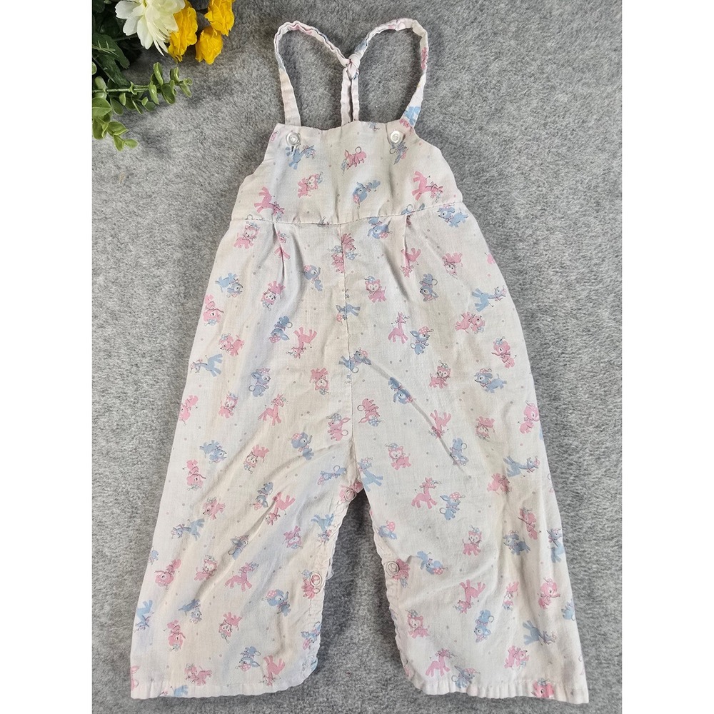Vintage 70s Baby Animal Print Overalls Romper Pastel 12m Retro Cotton Kitsch 80s